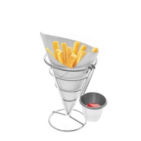 Basket Holder French Fries Stand with Sauce Dish - Cone Snack Display Stand - Chicken Nuggets Fried Foods Display Rack - stainless steel