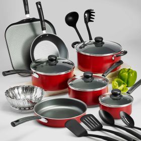 Primaware 18 Piece Non-stick Cookware Set, Steel Gray - Red