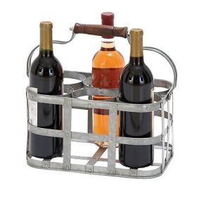 6 Bottle Farmhouse Metal Wine Holder with Wooden Handle, Gray - Default