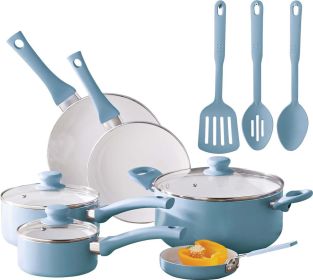 12pc Ceramic Cookware Set;  Blue Linen - Blue