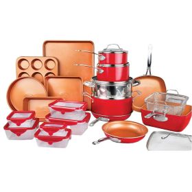 32 Piece Cookware Set, Bakeware and Food Storage Set, Nonstick Pots and Pans - red