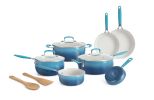 12-Pieces Porcelain Enamel Classic Ceramic Cookware Set, Ombre Teal - blue