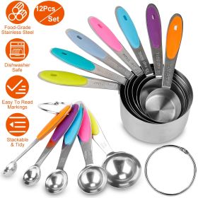 12Pcs Measuring Cups Spoons Set Stainless Steel Kitchen Measurement Tool  - Multi-Color