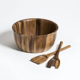 Large Salad Bowl with Servers - brown - acacia wood