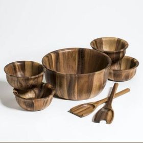 7 Piece - Large Salad Bowl with Servers and 4 Individuals - brown - acacia wood