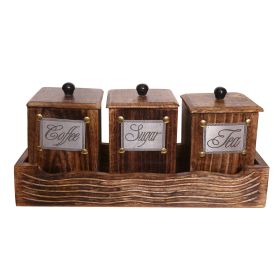 WILLART Handcrafted Wooden Antique Look Tea Coffee Sugar 3 Large Container Set in Wooden Tray ‚Äì Container Canister - 1-SET