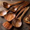 Thailand Teak Natural Wood Tableware Spoon Ladle Turner Long Rice Colander Soup Skimmer Cooking Spoons Scoop Kitchen Tool Set - 7PC