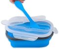 Lunch Box Collapsible Silicone Food Storage with Fork Spoon Expandable Eco Lunch Bento Box BPA-Free Dishwasher Freezer Microwave Safe - blue