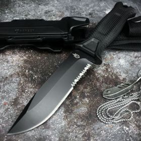 Outdoor Survival Straight Knife Self Defense (Option: Black Half Teeth)